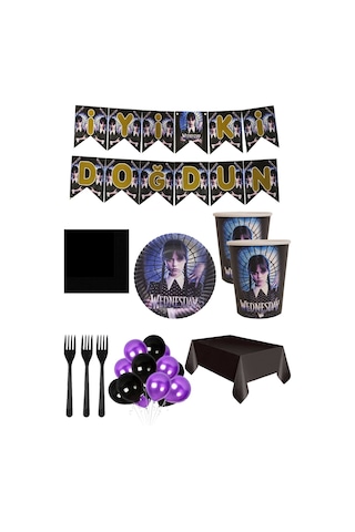 8 Kişilik Wednesday Tabak, Bardak Yazı Balon Seti, Addams Wednesday Parti Doğum Günü Parti Süsleri