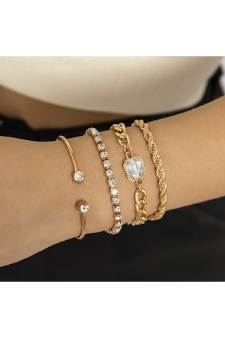 Kadınlar İçin Şık Metal Açık Bilezik Seti, Hip-hop Tam Elmas Büküm Zincir Bilezik Seti Diğer