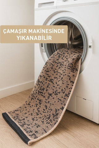 Badelya Home Bej Şönil Makinada Yıkanabilir Kaymaz Taban Saçaklı Pamuklu Halı Kilim Oturma Odası Salon