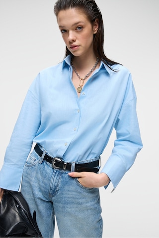 VESTA Kadın %100 Pamuk Keten Görünümlü Flamlı Oversize Mavi Gömlek