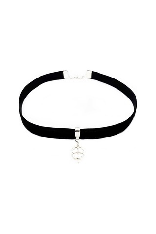 Siyah Renk Kadife Kadın Yonca Choker Kolye Gümüş