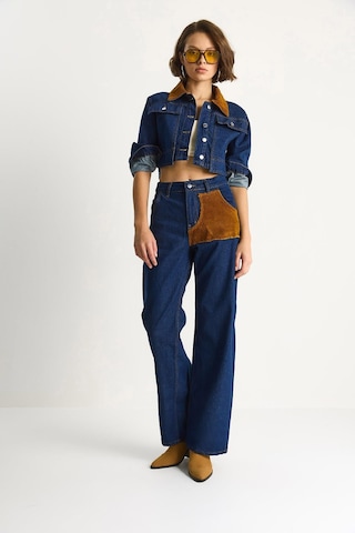 Shade Kadın Kadife Yaka Ceket Renk Bloklu Wide Leg Pantolon Denim Takım 6087 60283532 - Lacivert