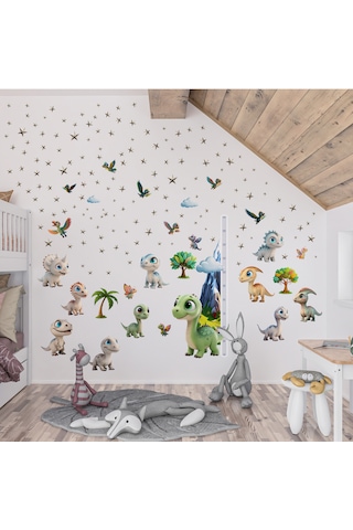 Sevimli Dinazorlar Temalı Boy Ölçerli Duvar Sticker Seti - Mat, Sökülebilir, Çocuk Odası Dekoru 01