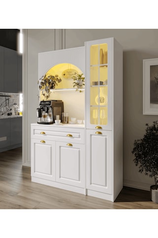 Guneystore Armoni Gold Midi Kahve Köşesi Sağ Vitrinli Komple Mdf Beyaz