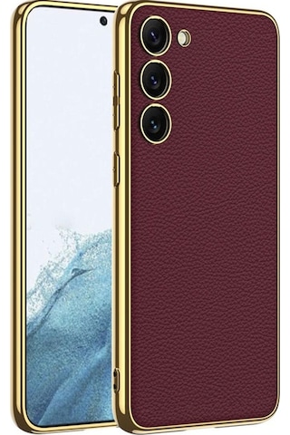 Galaxy S23 Plus Kılıf Deri Görünümlü Kenarları Elektroplating Kaplama Zore Fizyon Kapak Kırmızı