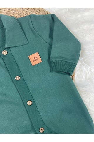 Gömlek Yaka Önden Düğmeli Arma Detaylı Erkek Bebek Tulum Yeşil