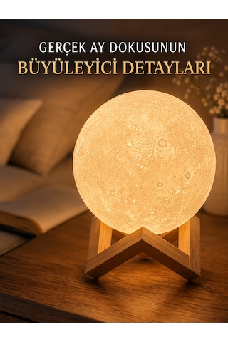 3d Ay Gece Lambası Ahşap Standlı Dekoratif Led Masa Lambası Çr