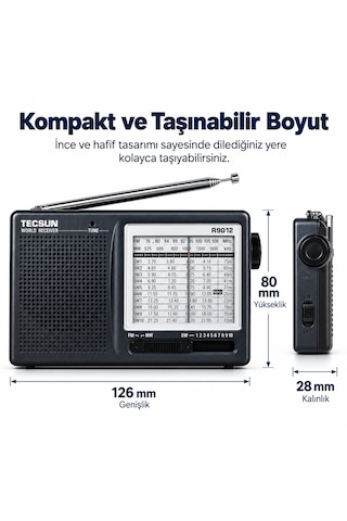 Tecsun R-9012 Pilli 12 Bant Dünya Radyosu Fm Mw Sw Kısa Dalga Analog Cep Radyosu Teleskopik Antenli