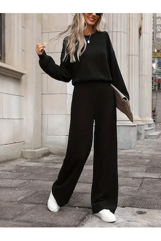 Ge Ticaret Kadın Uzun Kollu Bisiklet Yaka Şardonlu Dalgıç Bluz Ve Pantolon Ikili Takım Siyah