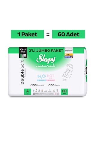 Sleepy Natural Double Soft Avantajlı Paket Bebek Bezi 4 Numara Maxi 60 Adet
