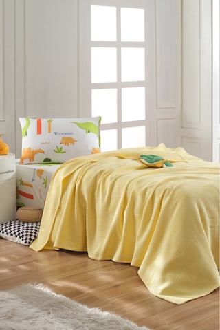 Eponj Home Lastikli Çarşaflı Pike Takımı Tek Kişilik %100 Pamuk 3 Parça Dinolar Desenli Beyaz Weave Serisi Beyaz