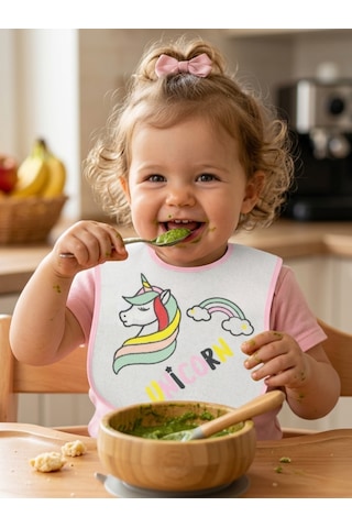 Buude 7511 Yenidoğan 0-3 Ay Unicorn Baskılı Bebek Mama Önlüğü Pembe