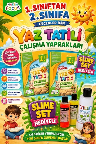 Hakim Çocuk 1. Sınıftan 2.sınıfa Geçenler İçin Yaz Tatili Çalışma Yaprakları Slime Set Hediyeli