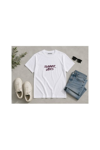 Me Selection Summer Vibes Tasarım %100 Pamuk Unisex Basic Tişört Beyaz