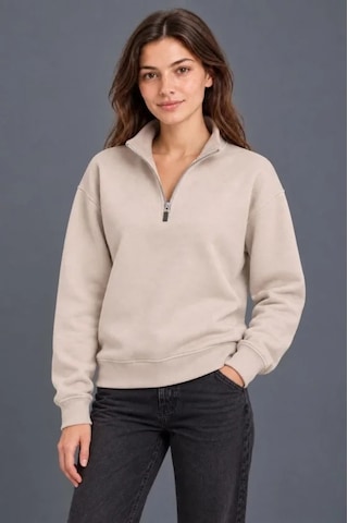 N11 Üç İplik İçi Şardonlu Dik Yaka Yarım Fermuarlı Kışlık Sweatshirt - Bej