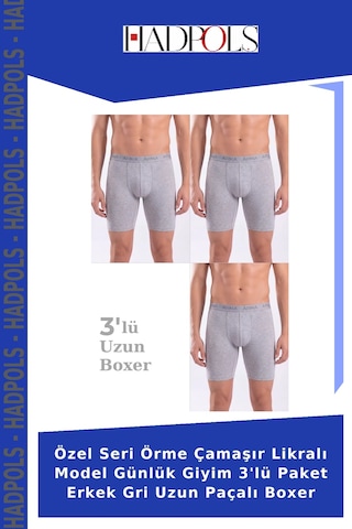 Hadpols Özel Seri Örme Çamaşır Likralı Model Günlük Giyim 3'lü Paket Erkek Gri Uzun Paçalı Boxer