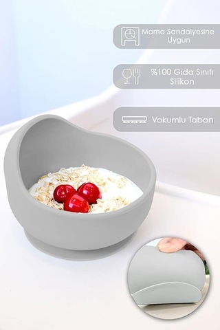 Meleni Baby Vakum Tabanlı Bebek Mama Kasesi - Vakumlu Oval Silikon Kase - Gri Genel