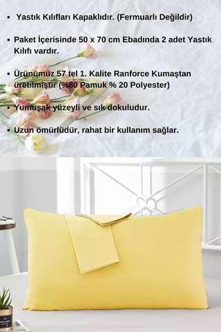 Sarı Renkli Pamuklu Ranforce Kumaştan Yastık Kılıfı 2 Adet
