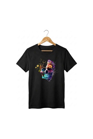 Beyaz / Siyah Kadın Bisiklet Yaka Renkli Çiçekli Kurukafa Baskılı Pamuklu T-shirt Siyah