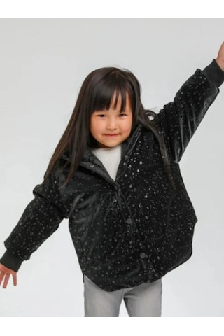 Kız Çocuk Çift Taraflı Rugan Şişme Kapüşonlu Cepli Mont-13620 Siyah