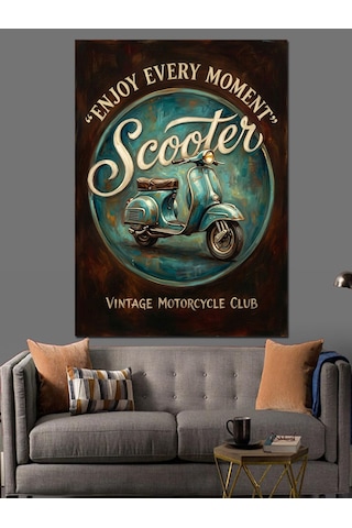 Retro Scooter Ve Özgürlük Yazısı Dekoratif Kanvas - Mdf Ahşap Tablo