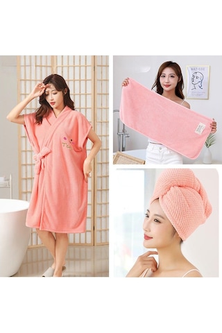 3 Parçalı Banyo Havlusu Seti Kuru Saç Kap Havlu Ananas Bornoz Seyahat  Banyo Havlusu Kalınlaşmış Mercan Kadife Kadın Bornoz Mor