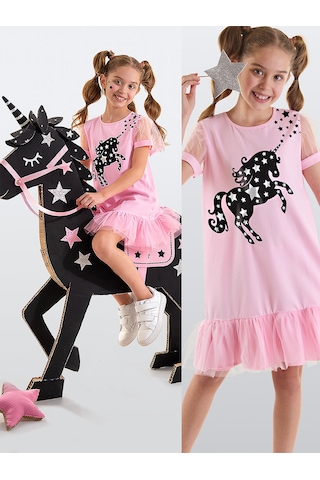 Denokids Yıldızlı Unicorn Kız Çocuk Pembe Tüllü Fırfırlı Yazlık Elbise