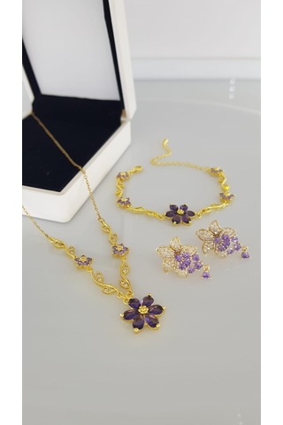 Mor Çiçek Gold Rengi Çelik Takı Seti Gümüş - Rose Gold Mor Çiçek Gold Rengi Çelik Takı Seti Gümüş - Rose Gold
