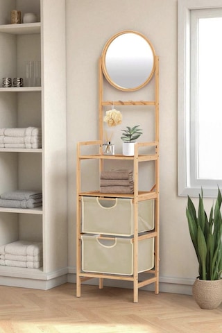 Digithome Bambu Aynalı 2 Çekmeceli Banyo Düzenleyici 2 Raflı Şifonyer Makyaj Organizeri Db-0035 Kahverengi