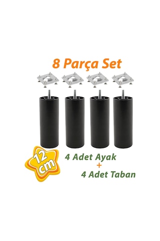 4 Adet Destek Ayağı 12 Cm Siyah Ve 4 Adet Düz Ayak Tabanı M8 Civatalı İnce Diş Mobilya Baza Koltuk Seti