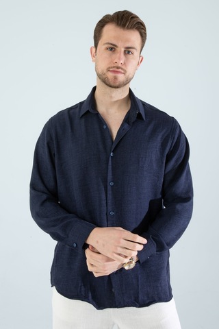 Rahat Kesim Keten Dokulu Gömlek Lacivert