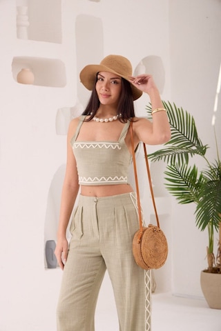 Zikzak Nakış Kalın Askılı Crop Bluz Pantolon 2li Takım Haki