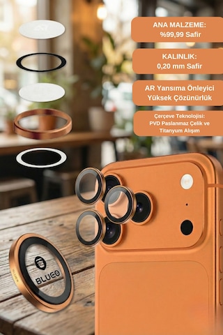 % 99.99 Gerçek Safir Titanyum Kasa Apple Uyumlu iPhone 17 Pro / 17 Pro Max Kamera Lens Koruyucu, Ar - Turuncu