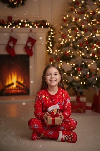 Noel Baba Şapkalı Karakter Baskılı Kırmızı Kız Çocuk Yılbaşı Takımı-90973 Kırmızı