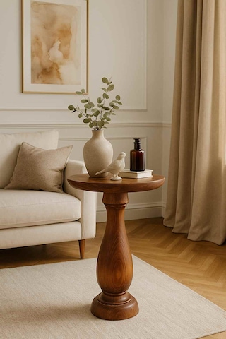 Tekli Doğal Masif Ahşap Yan Sehpa Meşe Renk Mantar Tasarım Meşe