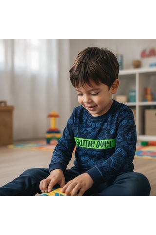 Bonbon Erkek Çocuk 2'li Paket Pamuklu Baskılı Lacivert Renk Uzun Kollu Tshirt Cb1078