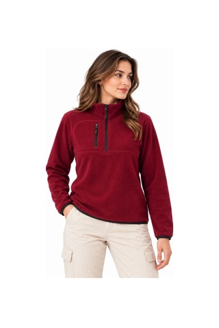 Freedom Store Kadın Polar Dik Yaka Yarım Fermuarlı Fermuarlı Göğüs Cepli Regular Fit Kışlık Sweatshirt - Bordo