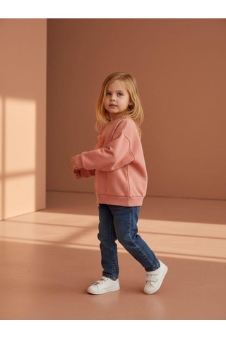 Zekids Kız Bebek Pamuklu Taşlı Fiyonk Detaylı Oversize Tasarım Sweatshirt-16558 Pudra