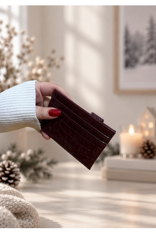 Elpida Bags Kadın Parlak Kroko Dokulu Çıtçıtlı Kartlık Bordo