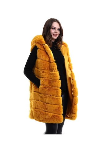 Dogutrend Kapşonlu Peluş Kürk Yelek Premium Kalite, Tam Astarlı, Uzun Model - Sarı