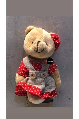 Sevimli Elbiseli Tulumlu Ayıcık Peluş Oyuncak Anahtarlık Uyku Arkadaşı Hediyelik 12 Cm Bordo