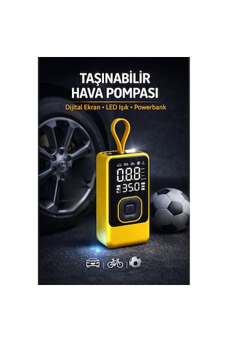 Taşınabilir Hava Pompası Dijital Ekranlı Led Işıklı Type-c Şarjlı Araç Bisiklet Top Lastik Şişirme Kompresörü Sarı