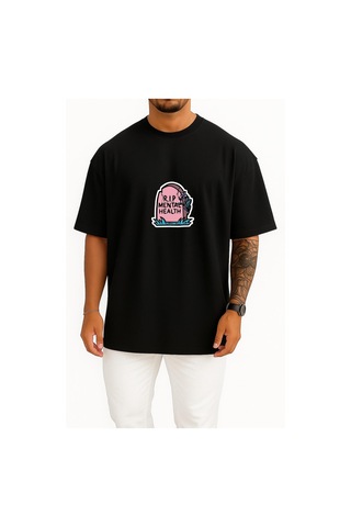 Bahriyeli Collection Oversize Mental Sağlığım Mekanı Cennet Olsun Göğüs Baskılı Unisex T-shirt Siyah
