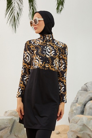 Likralı Tam Kapalı Tesettür Mayo Deniz Mayosu T2123-24 Siyah