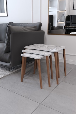 Esma Orta Sehpa Ve Zigon Sehpa 4'Lü Ahşap Ayaklı - Beyaz Mermer