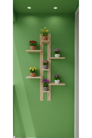 Dekoratif Ahşap Duvar Rafı - 120x50 Cm Çok Amaçlı Saksılık Ve Çiçeklik Standı - Çift Taraflı Bantlı Bej