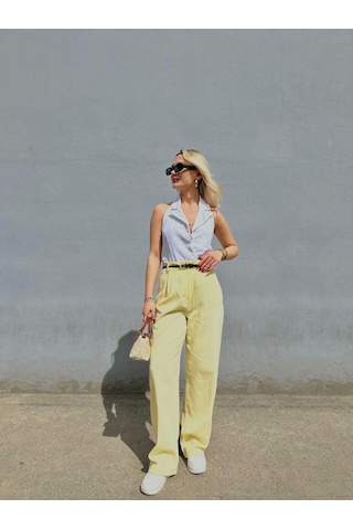 Keymoda Kadın Keten Kemerli Pantolon Sarı Sarı