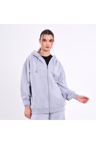 Mmetalic Kadın Gri Normal Kalıp Basic Beli Lastikli Kapüşonlu Oversize Mevsimlik Alt Üst Eşofman Takımı