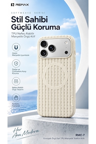 Remax Softweave Series İphone 18 Pro Uyumlu Magsafe Destekli Örgü Dokulu Nefes Alan Tpu Kılıf Rmc-7 - Beyaz