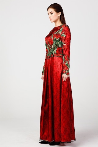 Kırmızı - Çiçek Detaylı Dantel Abiye Elbise Kırmızı